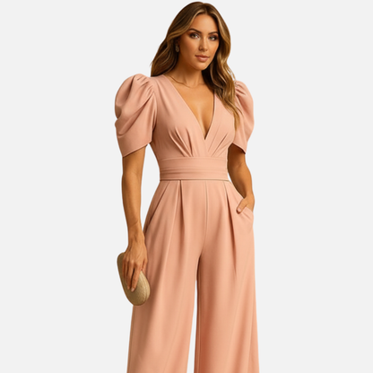 Women's Puff Sleeve Wide Leg Jumpsuit - Elegant Resort Wear