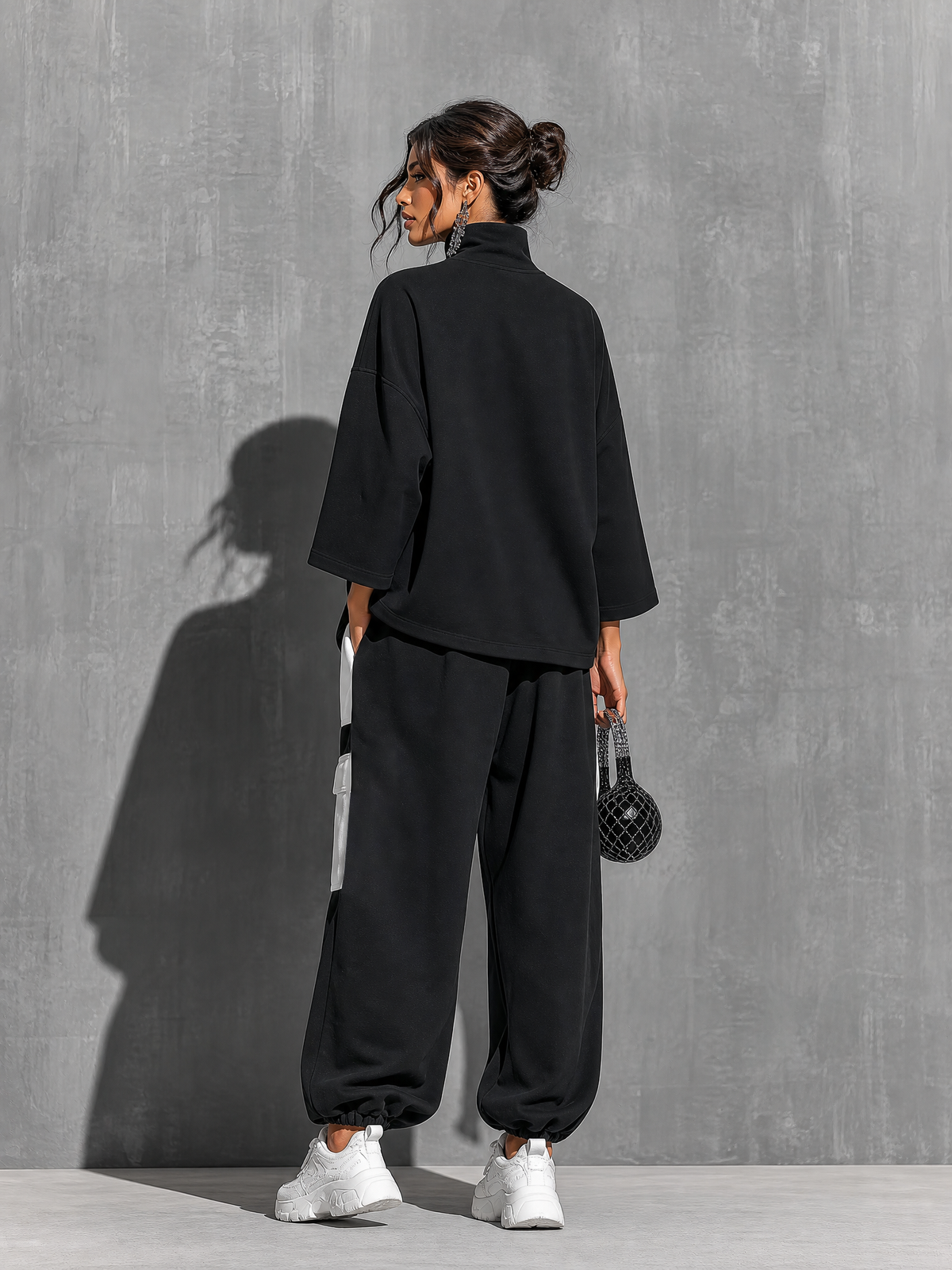 Women's Black Cotton High Neck Oversized Set – ModClo