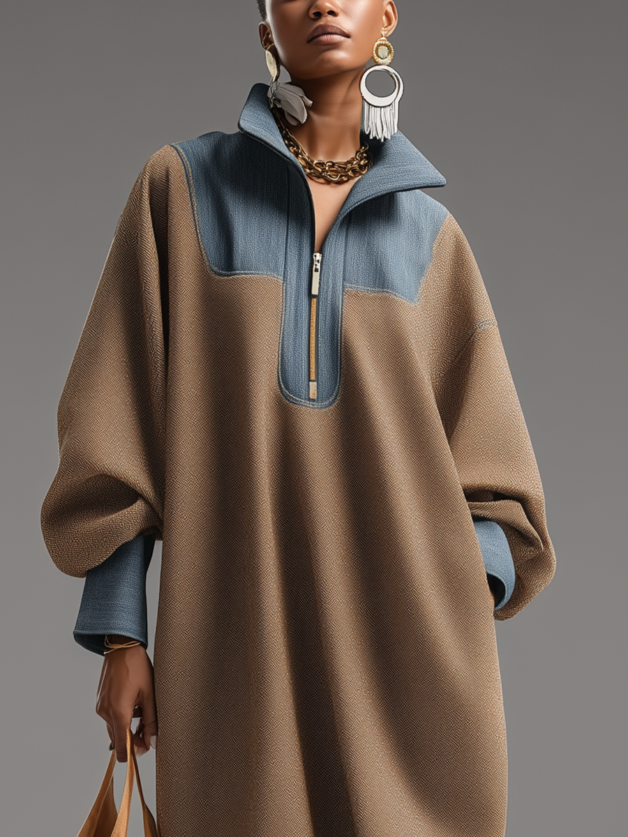 Women's Brown Denim Stand Collar Dress – ModClo