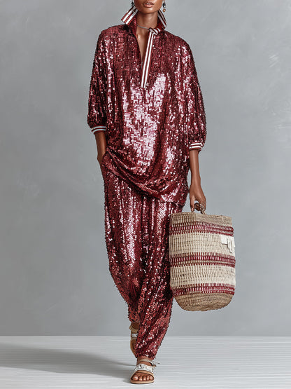 Women's Burgundy Sequin Oversized Striped Loungewear Set – ModClo