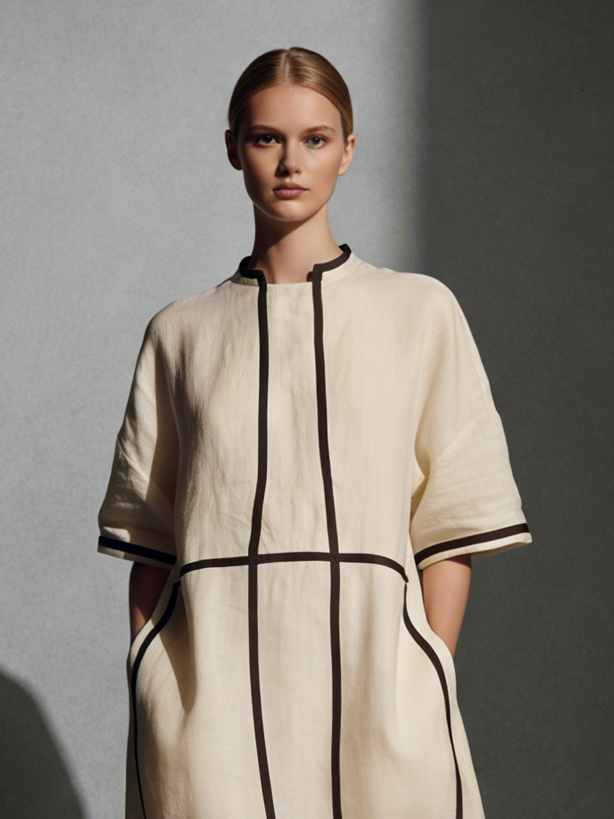 Women's Beige Linen Stand Collar Maxi Dress – ModClo