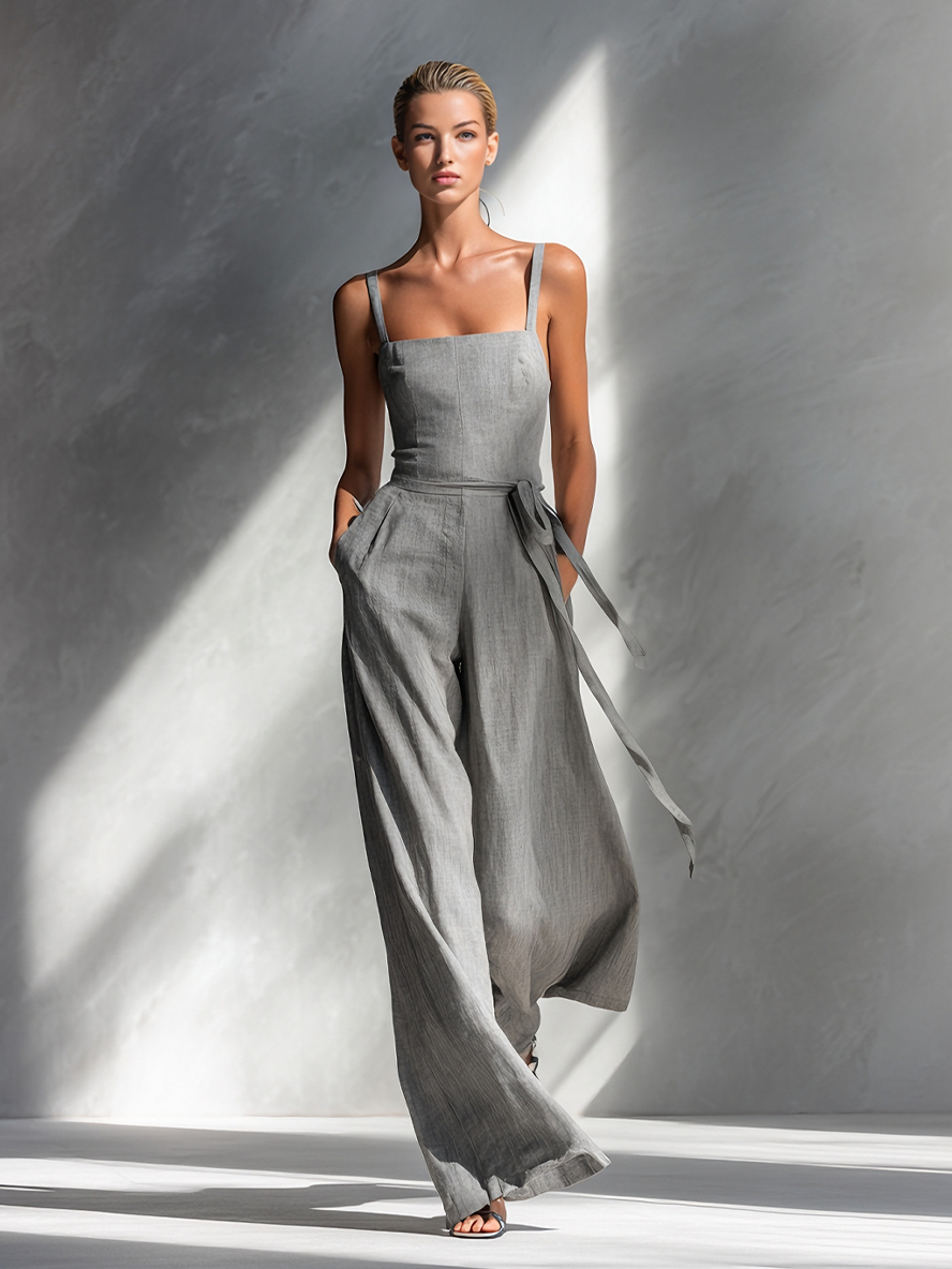 Women's Grey Linen Square Neck Jumpsuit – ModClo