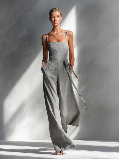 Women's Grey Linen Square Neck Jumpsuit – ModClo