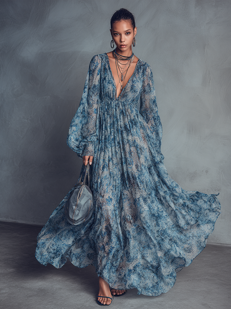 Women's Blue Chiffon Floral Print Maxi Dress – ModClo