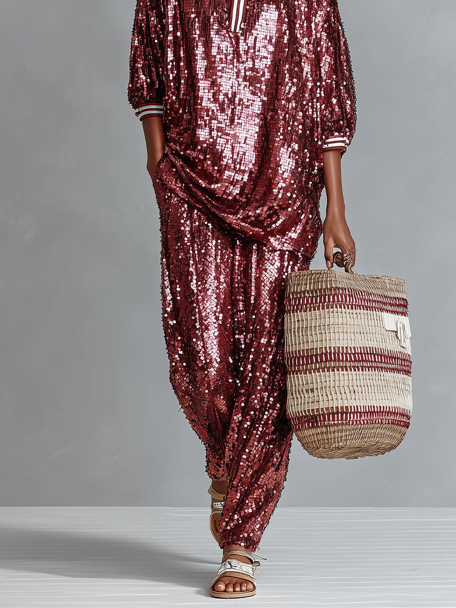Women's Burgundy Sequin Oversized Striped Loungewear Set – ModClo