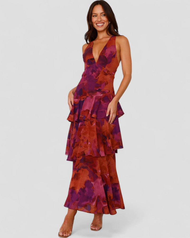 Floral Ruffle Maxi Dress with Open Back Summer Elegance
