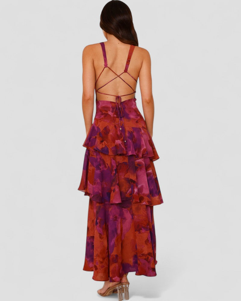 Floral Ruffle Maxi Dress with Open Back Summer Elegance