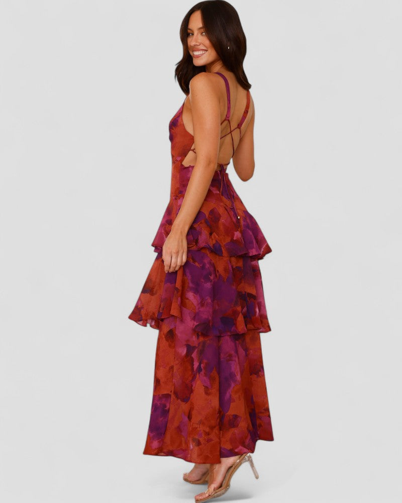 Floral Ruffle Maxi Dress with Open Back Summer Elegance