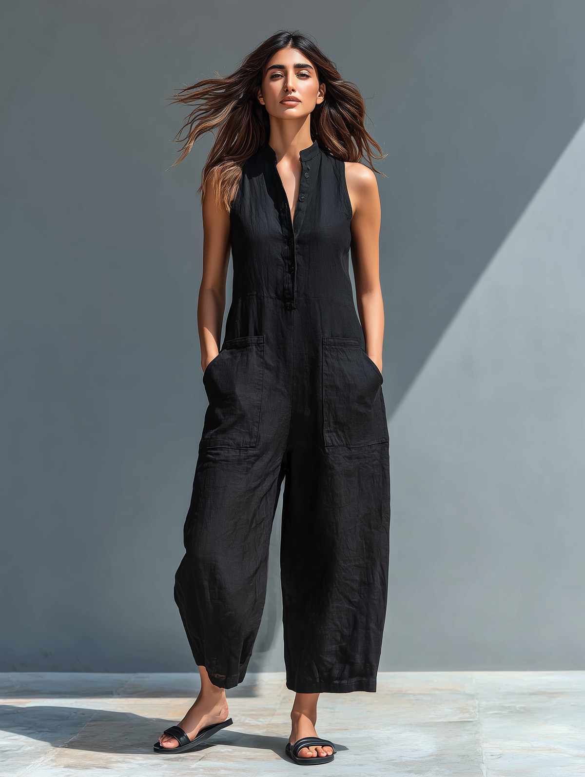 Women's Linen Sleeveless Stand Collar Jumpsuit – ModClo