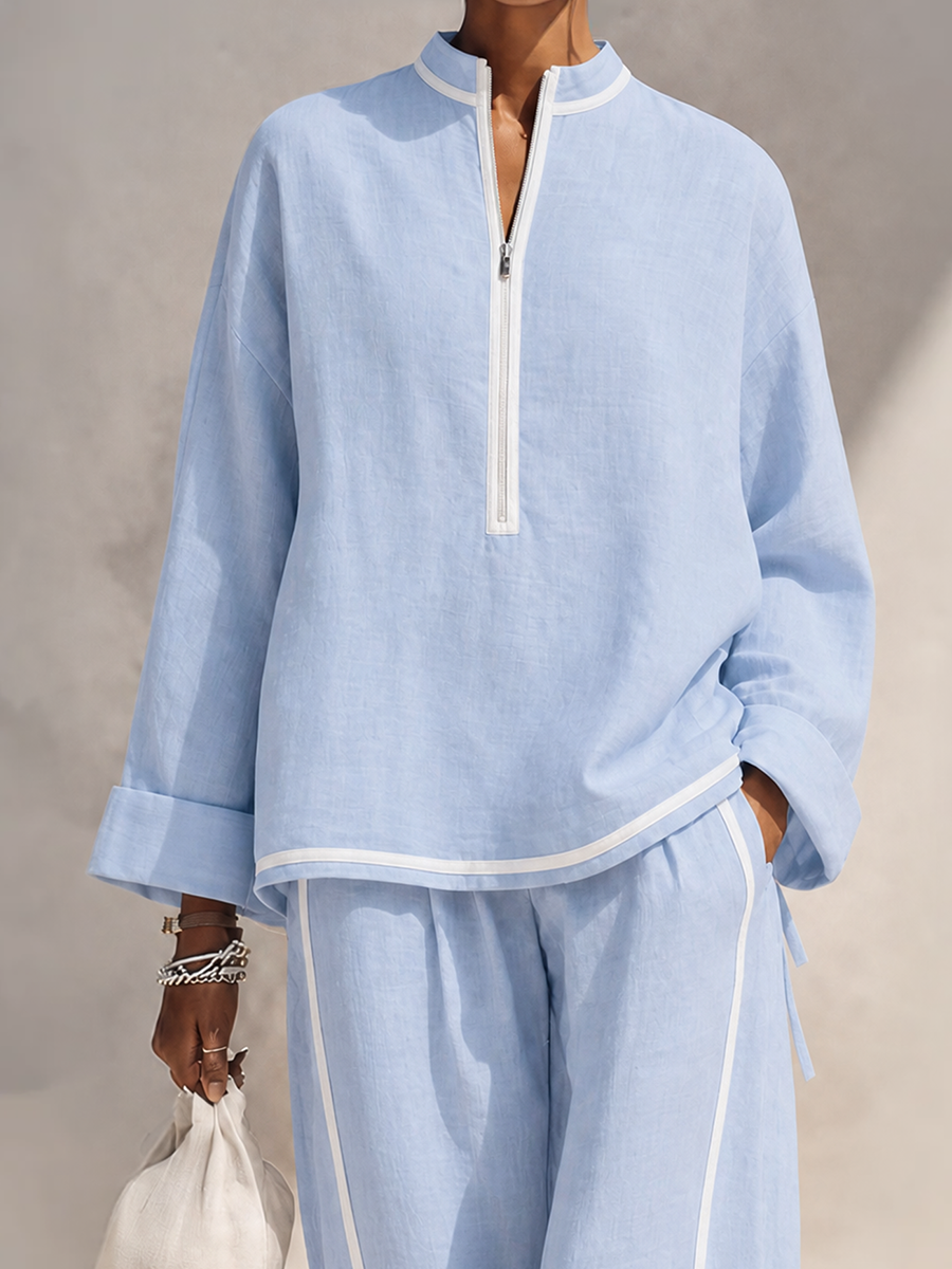 Women's Blue Linen Oversized Stand Collar Trouser Set – ModClo