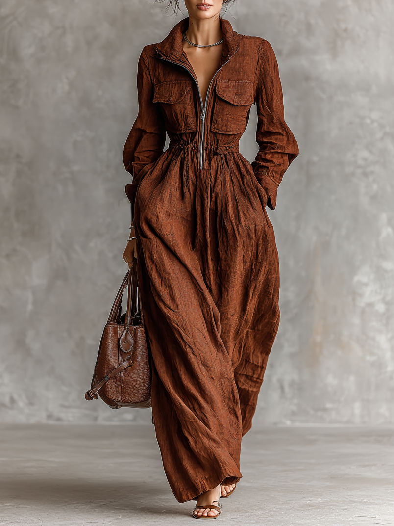Women's Linen Zipper Lapel Maxi Dress – ModClo