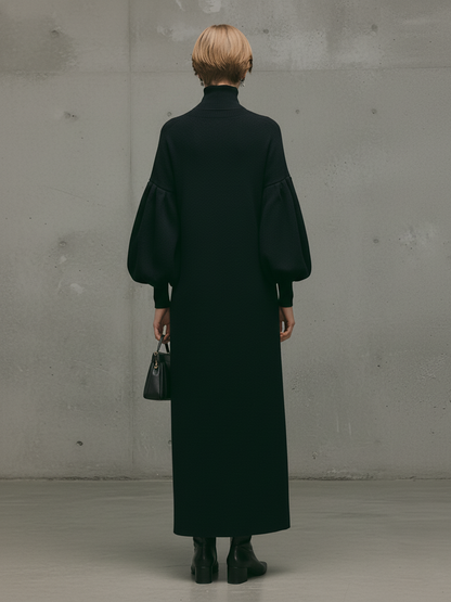 Women's Black Turtleneck Puff Sleeve Maxi Dress – ModClo