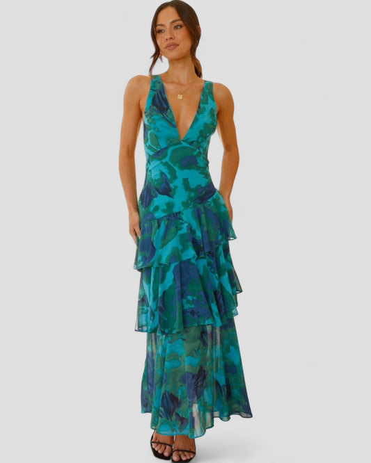 Floral Ruffle Maxi Dress with Open Back Summer Elegance