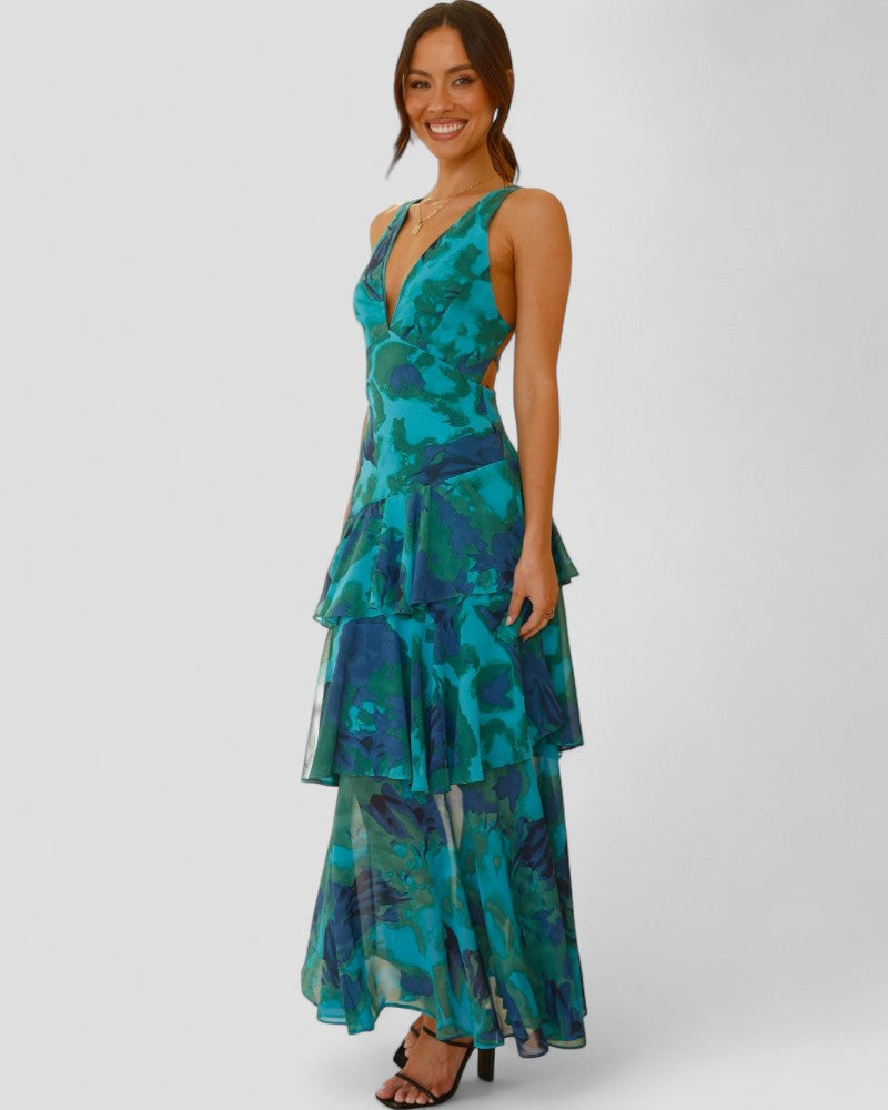 Floral Ruffle Maxi Dress with Open Back Summer Elegance