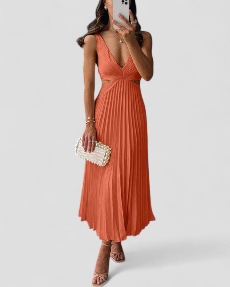 Elegant Pleated Satin Cut Out Midi Dress