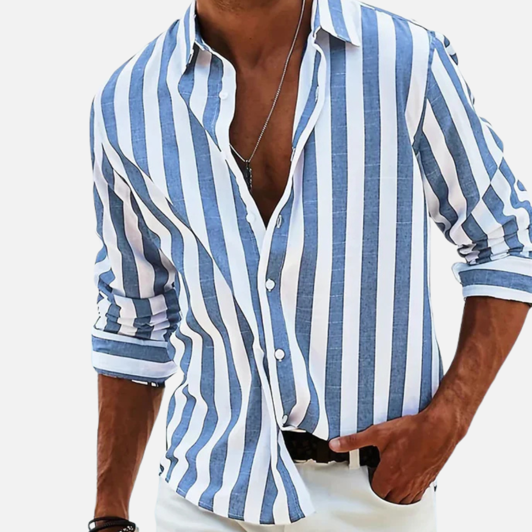 Men's Striped Long Sleeve Shirt – Button-Up Casual Beach Shirt