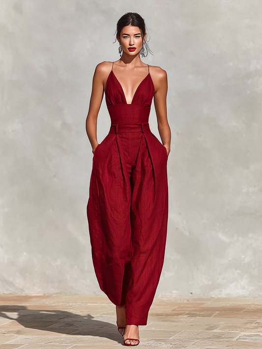 Women's Red Linen Pleated Jumpsuit – ModClo