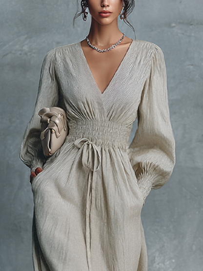Women's Beige Linen Striped Maxi Dress – ModClo