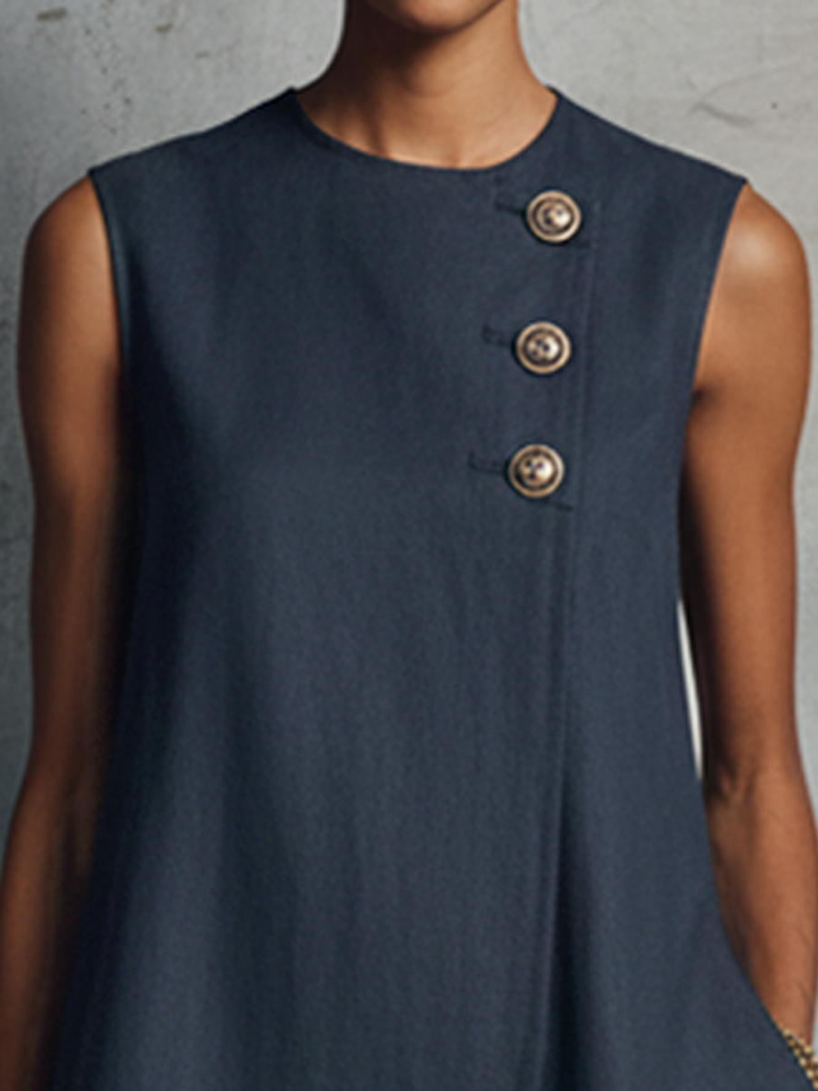 Women's Navy Linen Round Neck Sleeveless Mini Dress – ModClo