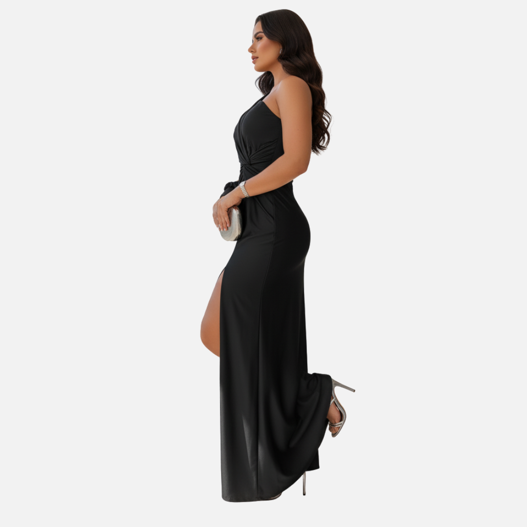 Women's One Shoulder Twist Knot Maxi Dress High Slit