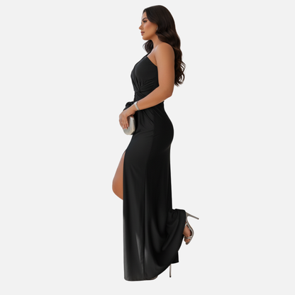 Women's One Shoulder Twist Knot Maxi Dress High Slit