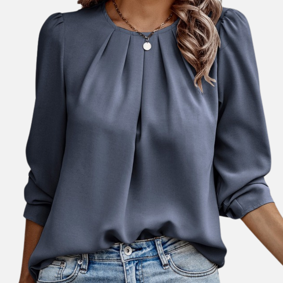 Women's Elegant Chiffon Blouse – Pleated Neck Puff Sleeve