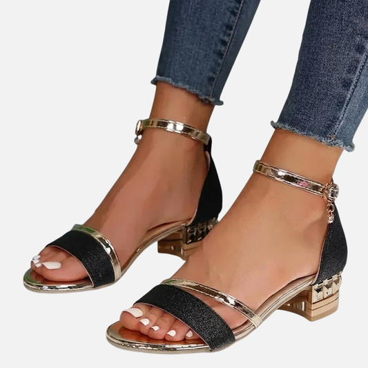 Women's Glitter Block Heel Sandals | Sparkly Ankle Strap Low Heel