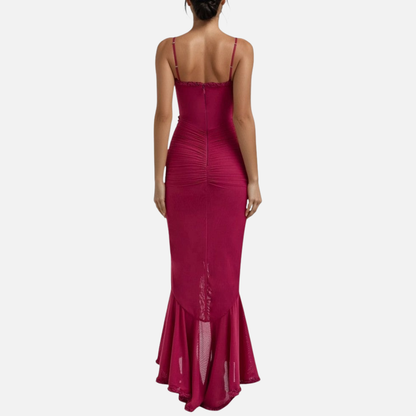Women's Red Ruffle Maxi Dress - Spaghetti Strap Formal Gown