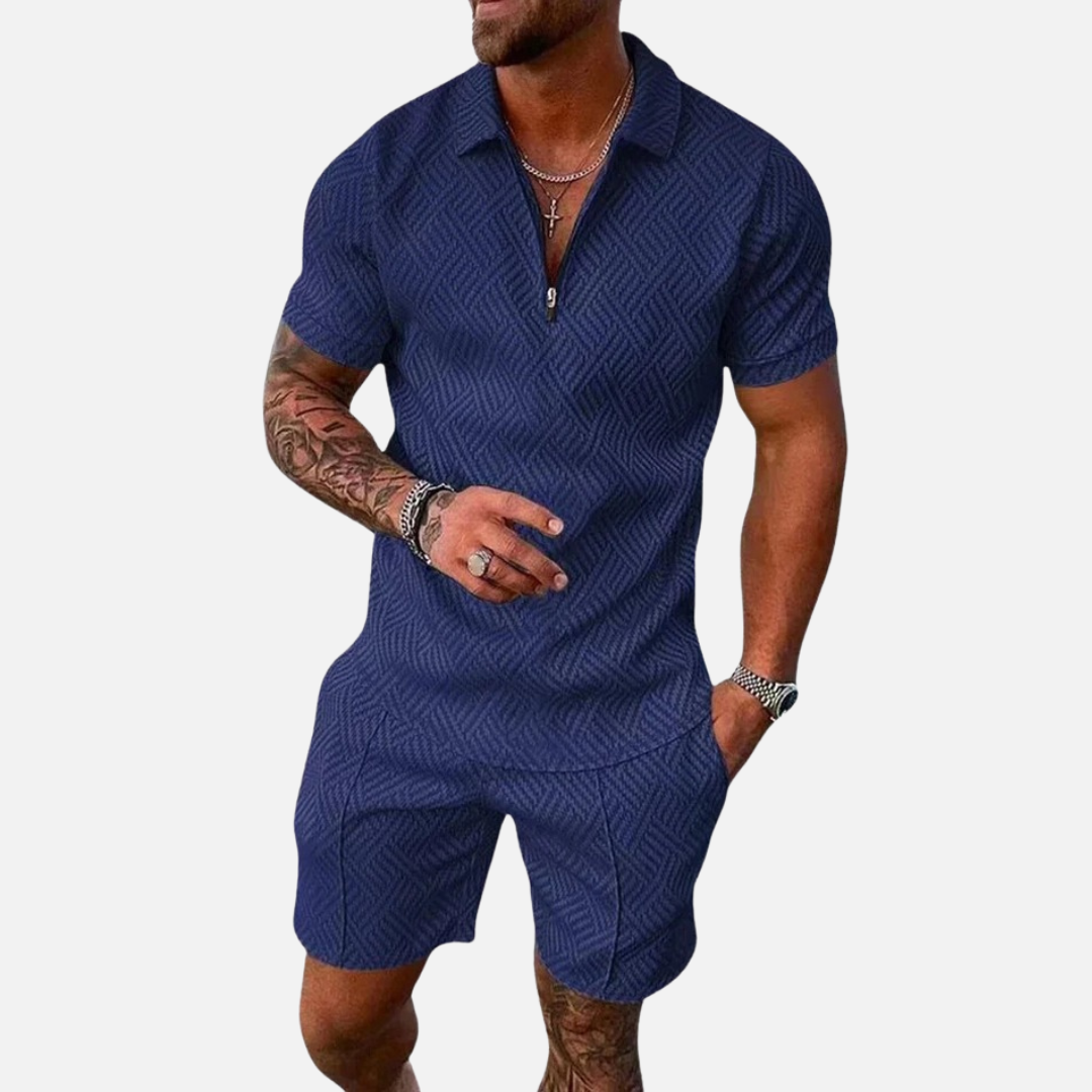Men's Textured Zip Collar Polo Shirt and Shorts Set