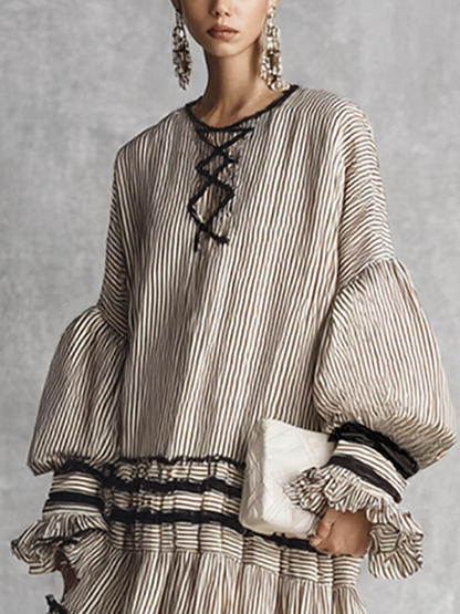 Women's Cotton Long Sleeve Tiered Striped Maxi Dress – ModClo