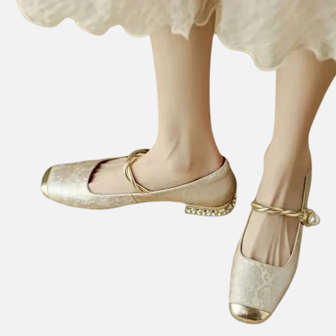 Women's Velvet Mary Jane Flats – Square Toe Pearl Heel