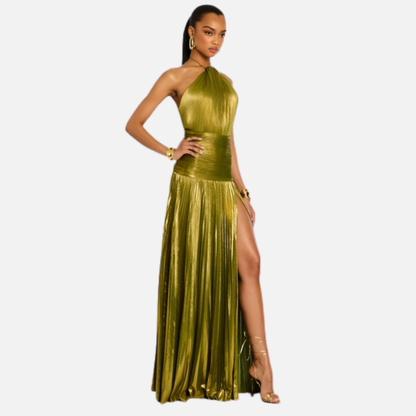 Women's Shimmering Pleated Halter-Neck Maxi Gown Dress
