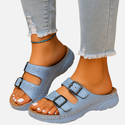 Women’s Comfort Sandals - Slip On Buckle Slides