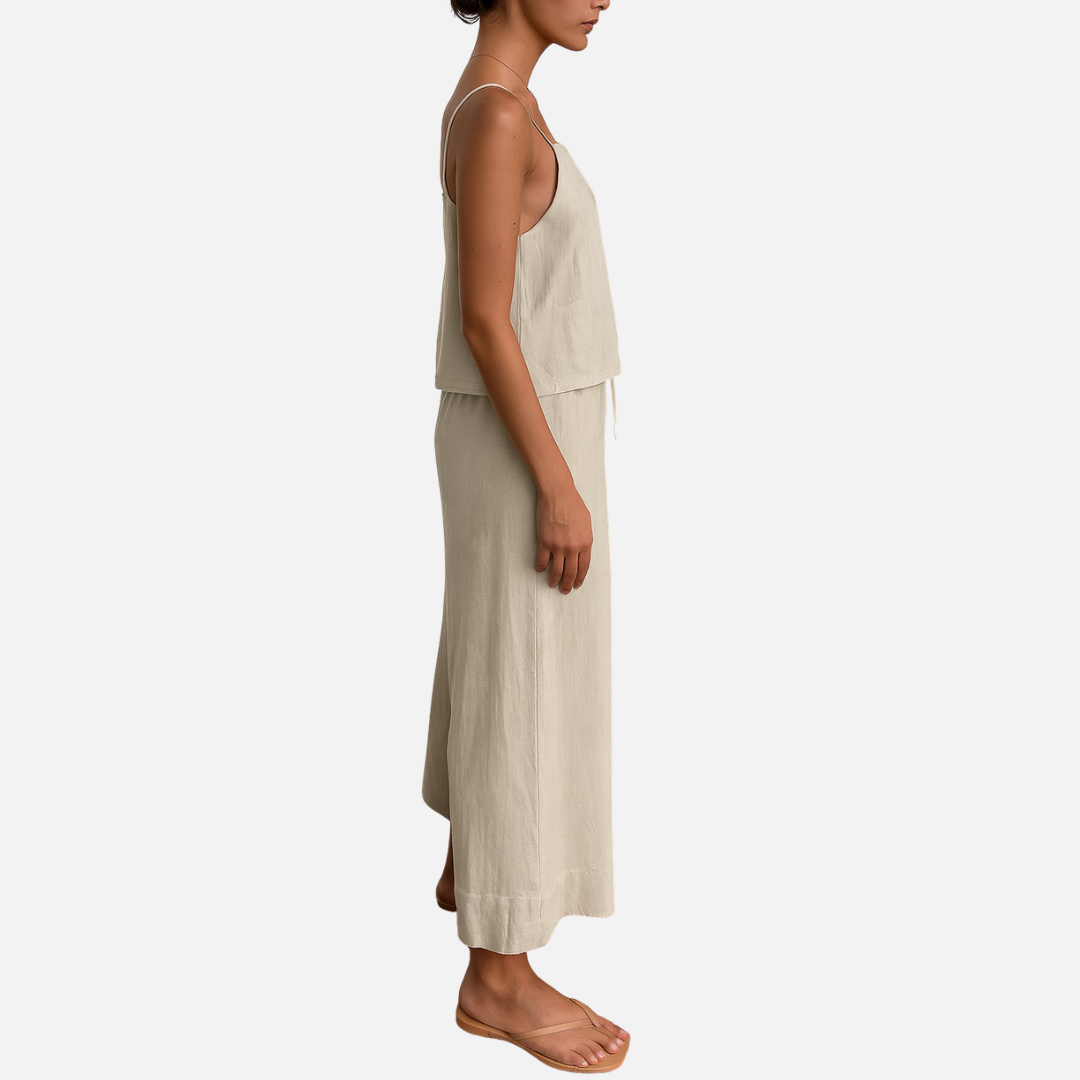 Women's Linen Outfit Set - Wide-leg Pants and Top