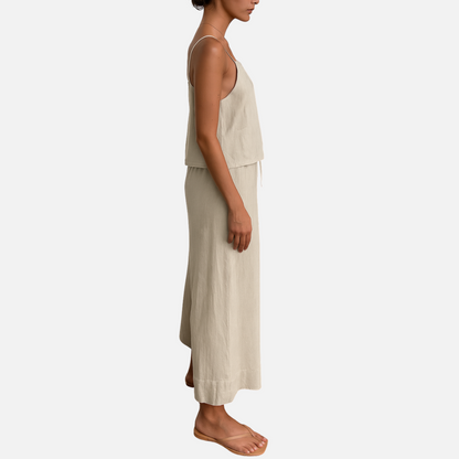 Women's Linen Outfit Set - Wide-leg Pants and Top
