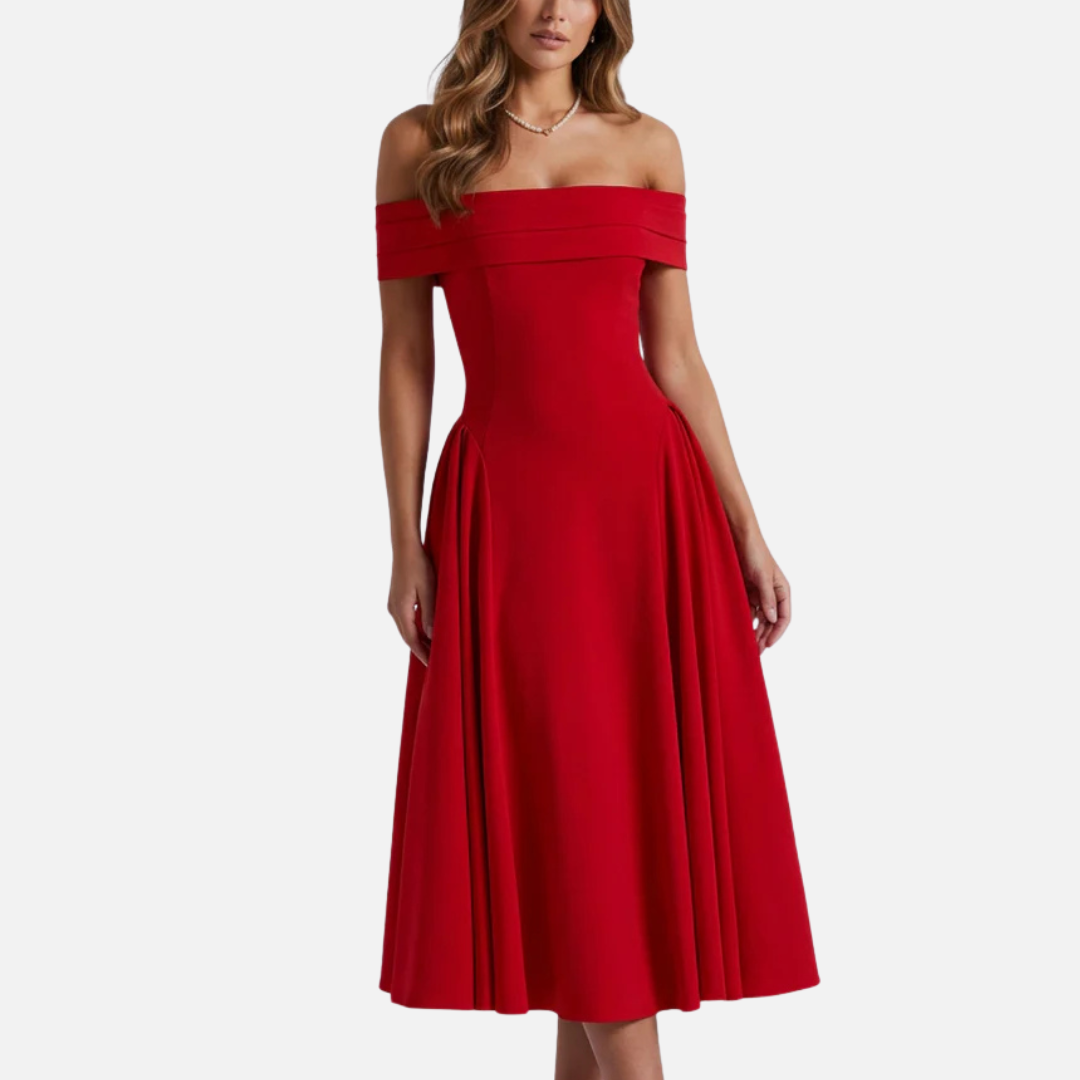 Women's Formal Off-Shoulder Midi Dress | A-Line Pleated