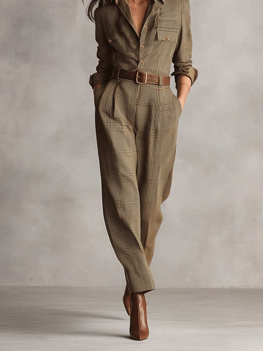 Women's Brown Tweed Plaid Utility Jumpsuit – ModClo