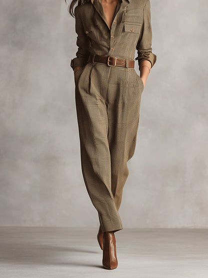 Women's Brown Tweed Plaid Utility Jumpsuit – ModClo