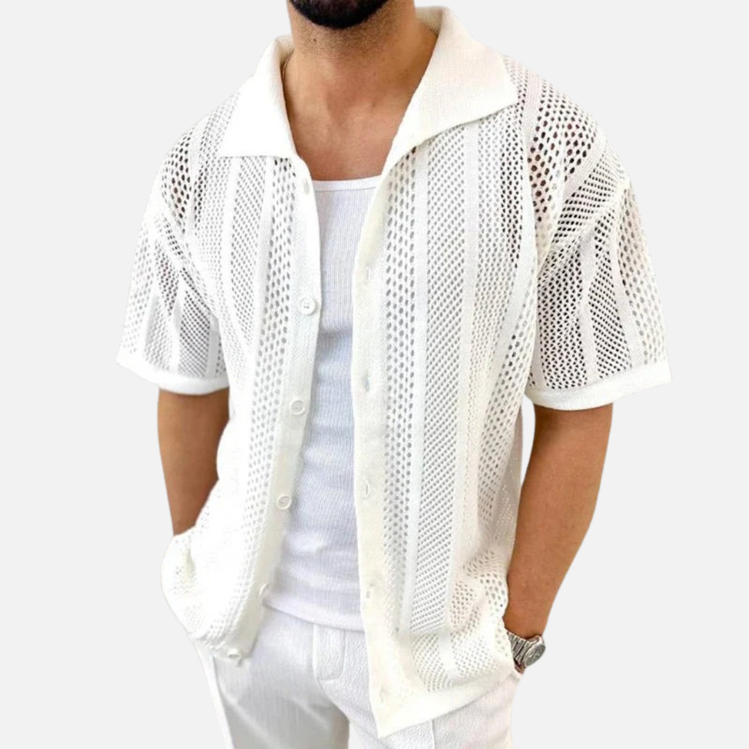 Men's Open Knit Cuban Collar Shirt – Short Sleeve Crochet Button-Up Beach Shirt