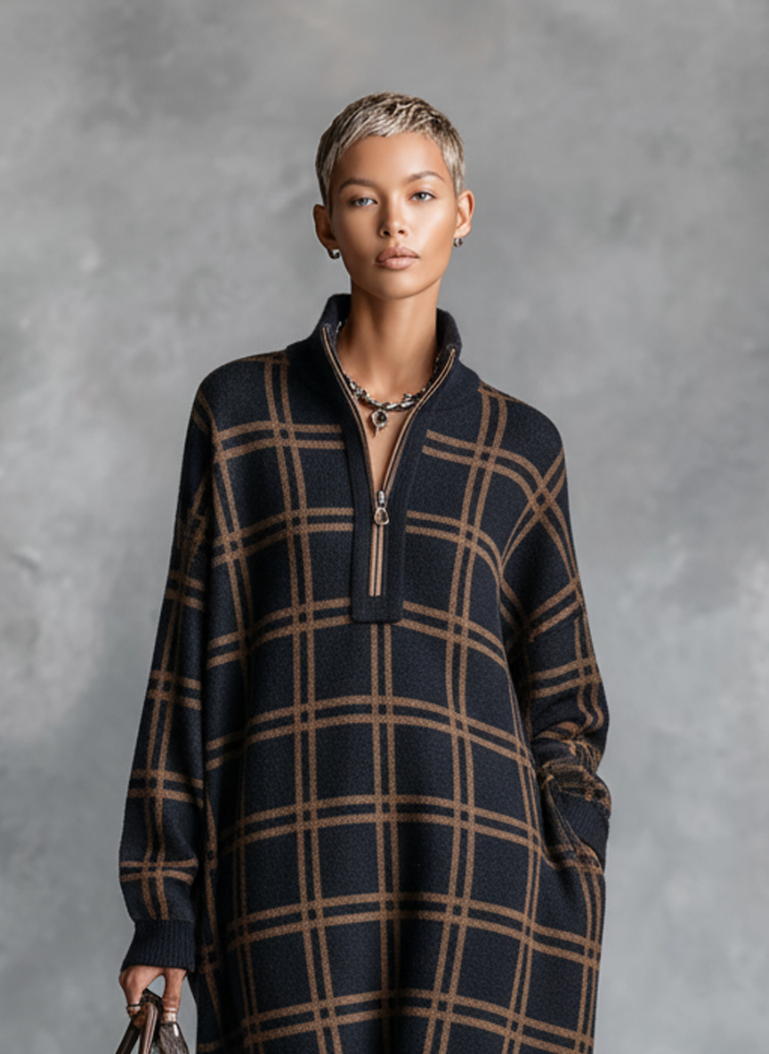 Women's Knit Zipper Plaid Maxi Dress – ModClo