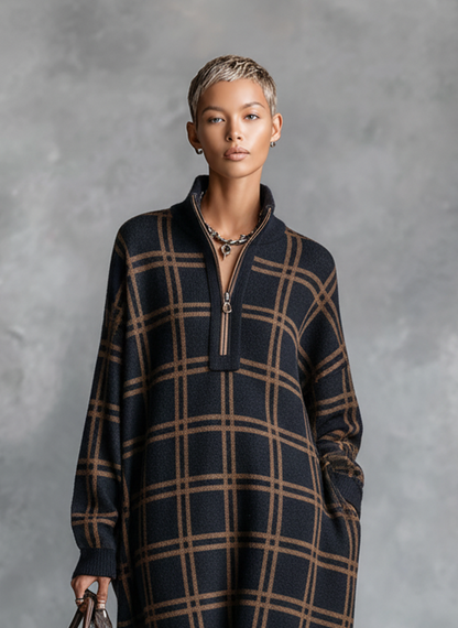 Women's Knit Zipper Plaid Maxi Dress – ModClo