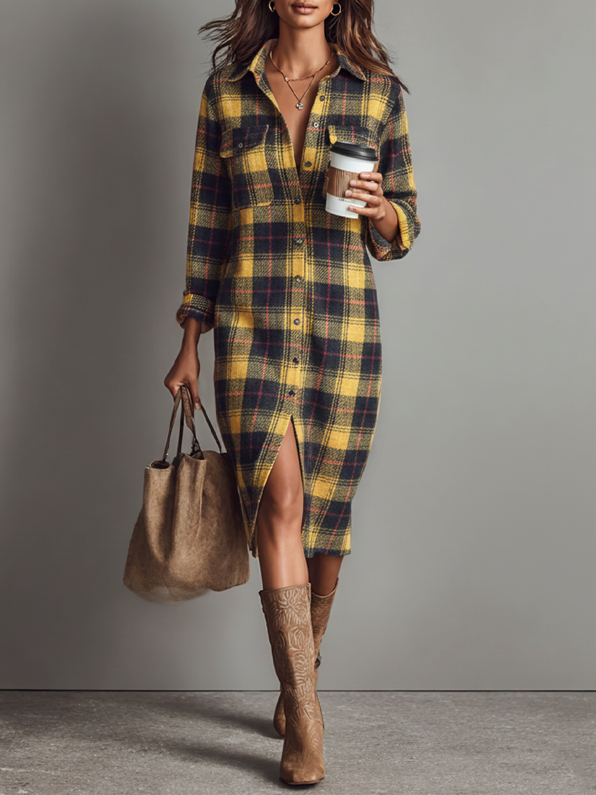 Women's Long Sleeve Plaid Midi Dress – ModClo