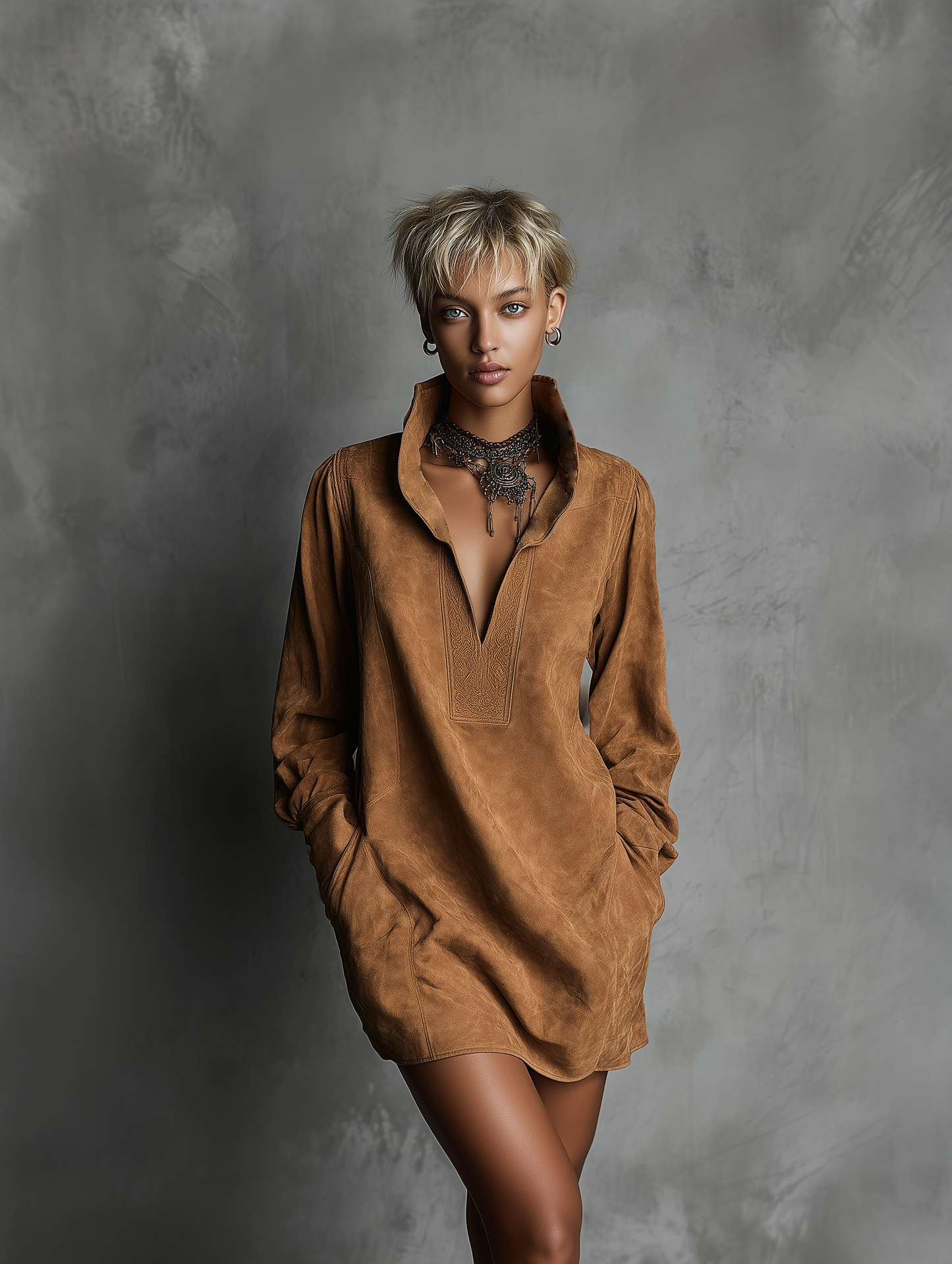 Women's Suede Neck Embossed Dress – ModClo