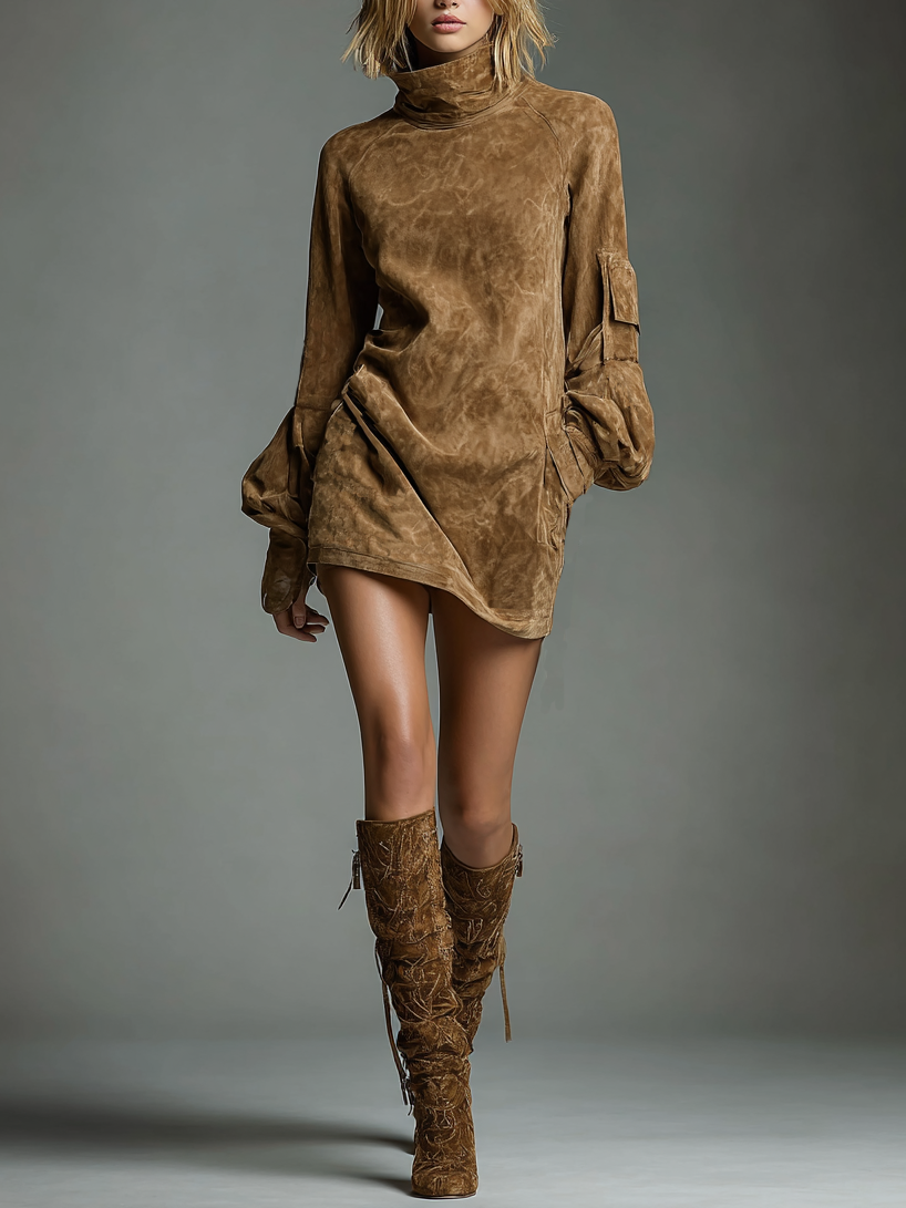 Women's Suede Turtleneck Vintage Mini Dress – ModClo