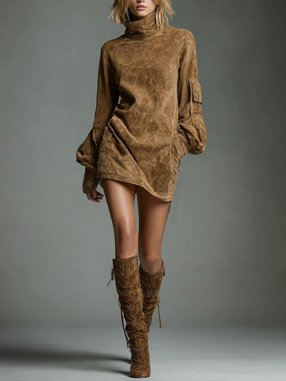 Women's Suede Turtleneck Vintage Mini Dress – ModClo