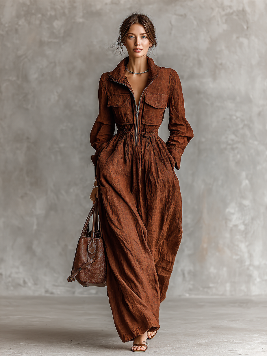 Women's Linen Zipper Lapel Maxi Dress – ModClo