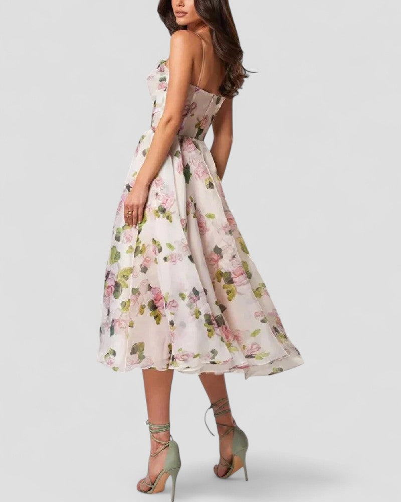 Romantic Floral Organza Midi Dress for Elegant Summer Looks