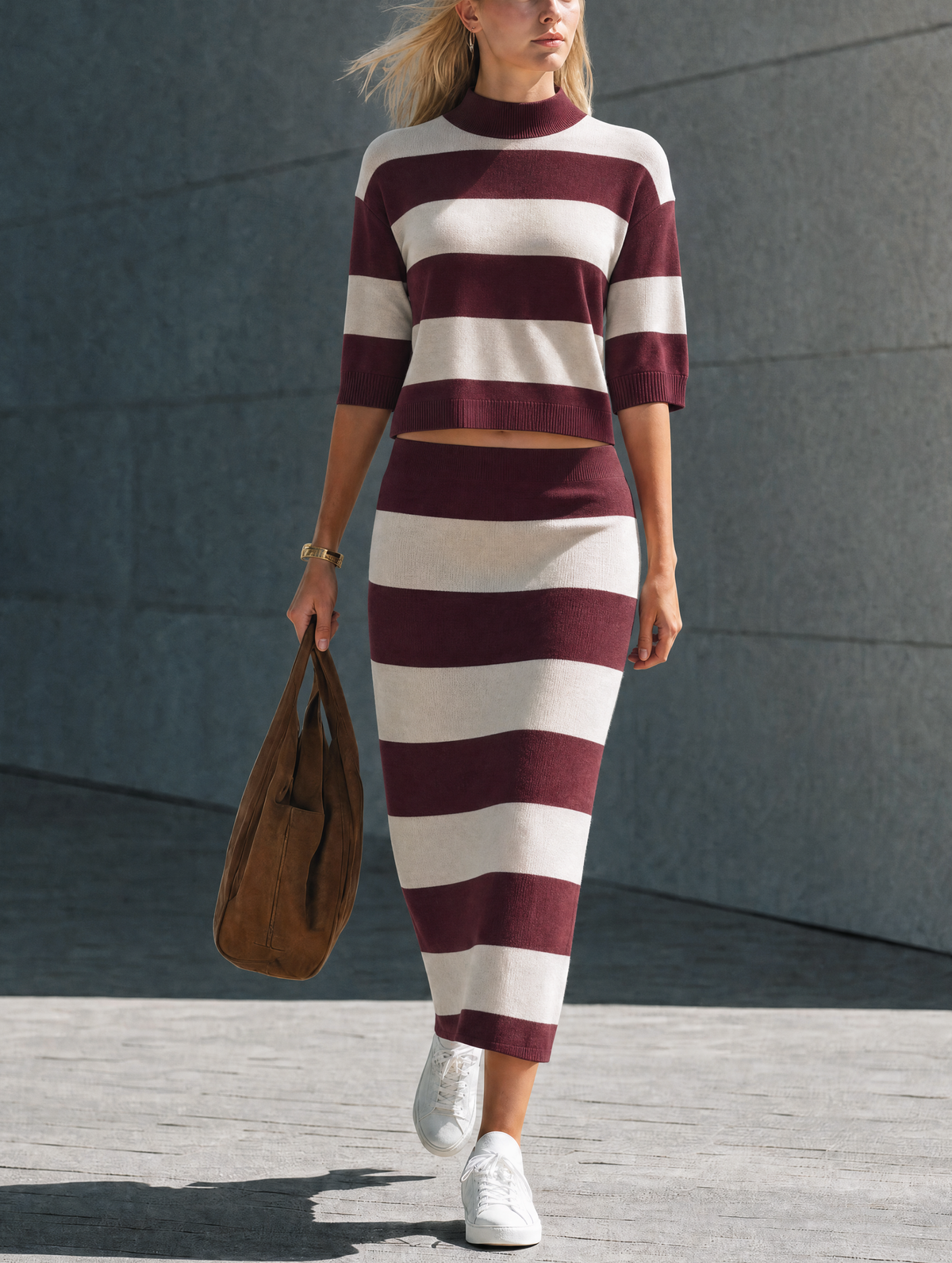 Women's White Knit Striped Two-Piece Set – ModClo