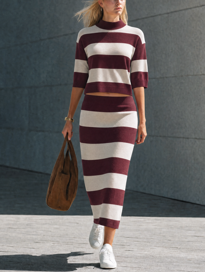 Women's White Knit Striped Two-Piece Set – ModClo