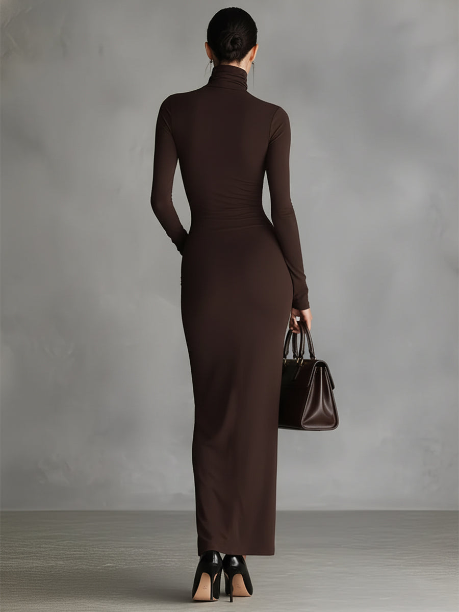 Women's Brown Stretch Turtleneck Slit Dress – ModClo
